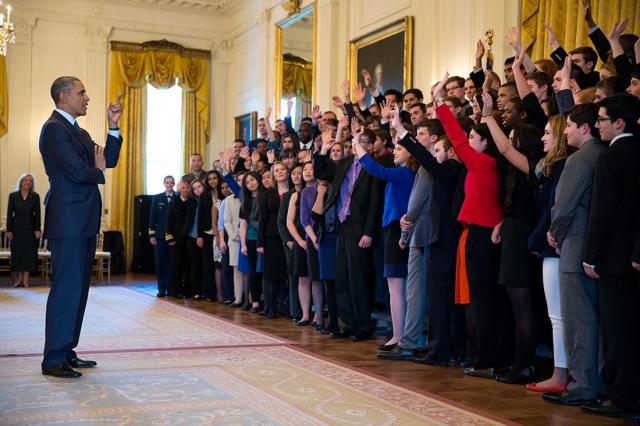 Mary-Margaret Koch (center in blue blazer), along with members of the Youth Senate Program, is greeted by President Obama at the White House in Washington, D.C.