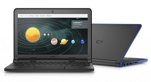 The Dell Chromebook has a camera, a 180-degree hinge, protection from drops and spills and a durable battery life. It weighs less than three lbs. and the screen is 11.6 in. long diagonally.