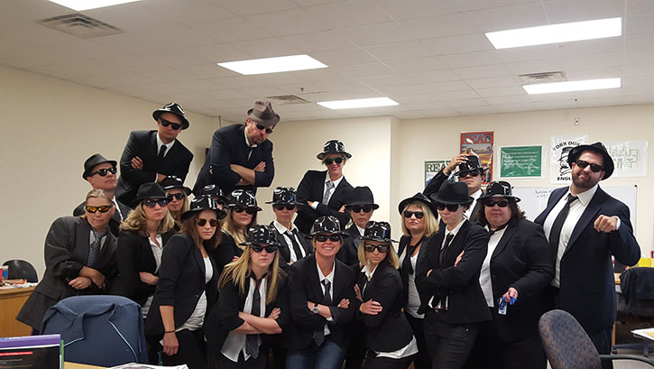 On twin day, English teachers embody the Blues Brothers in celebration of the Sweet Home Chicago.