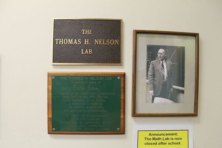 Plaque honoring Mr. Nelson, a former teacher at York and the Chair of the Math Department for 26 years.