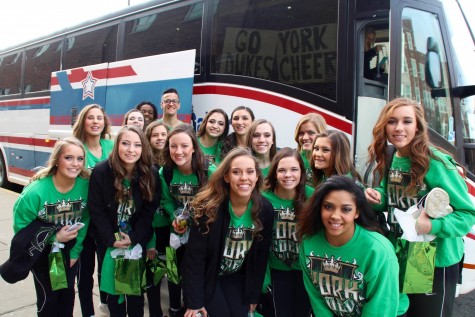 York cheer team boarding the bus to state at ISU, Bloomington.
