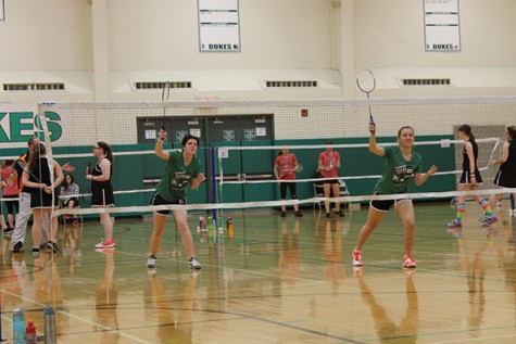 Across the net, 2nd doubles players Rosie O'Connor and Catherine Novak are ready for the serve.