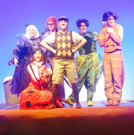 James and his bug friends pose on the giant peach after a number. | Photo by Kellyann Gallagher