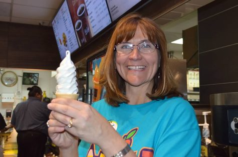 Math teacher, Serena Briggs, spent her hour shift filling ice cream cones for customers.