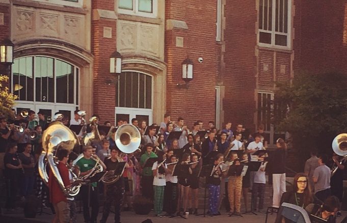 Marching band celebrates pajama day and greets students on the Monday morning of homecoming week. Sept. 19, 2016