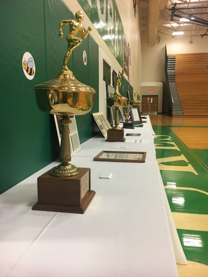 Coach Newtons trophies on display in the Dick Campbell gym.