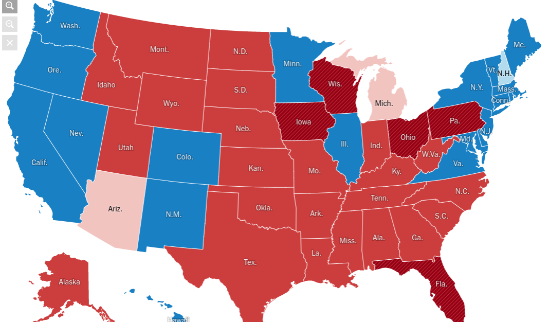 Electoral College Map as of 11/10 with New Hampshire, Michigan, Arizona not yet called. States with red lines signifies a state won by Trump in 2016 that was won by Obama in 2012.