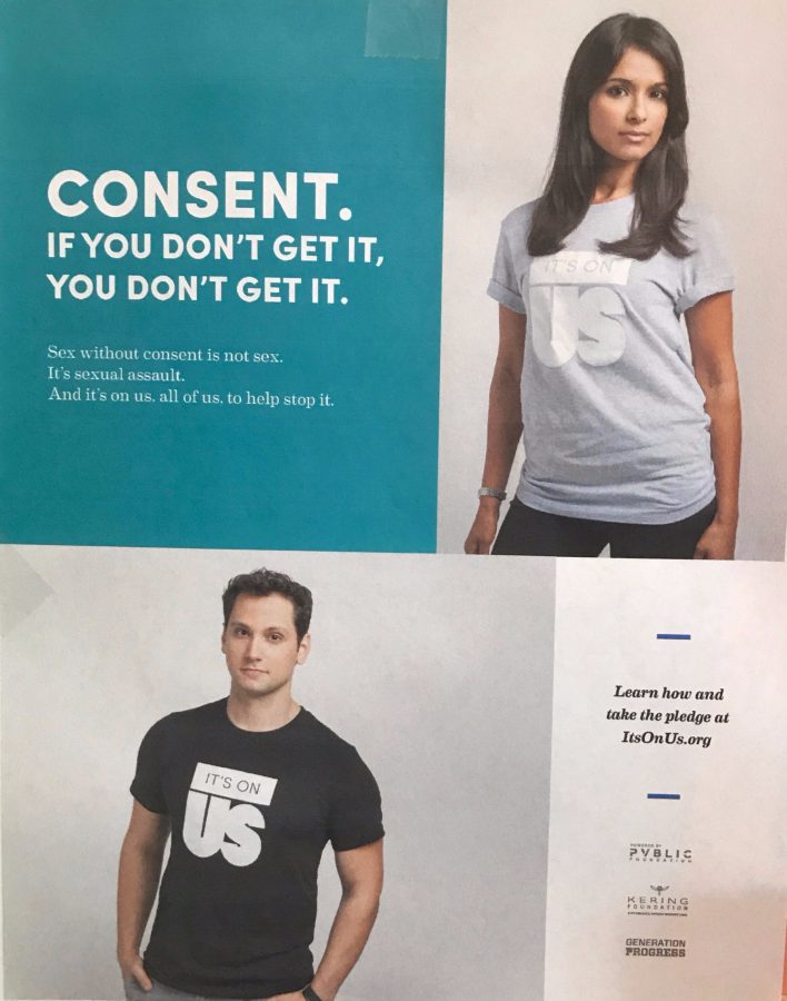 Posters like this were hung during the Its On Us campaign, showing students how to get involved in preventing sexual assault.