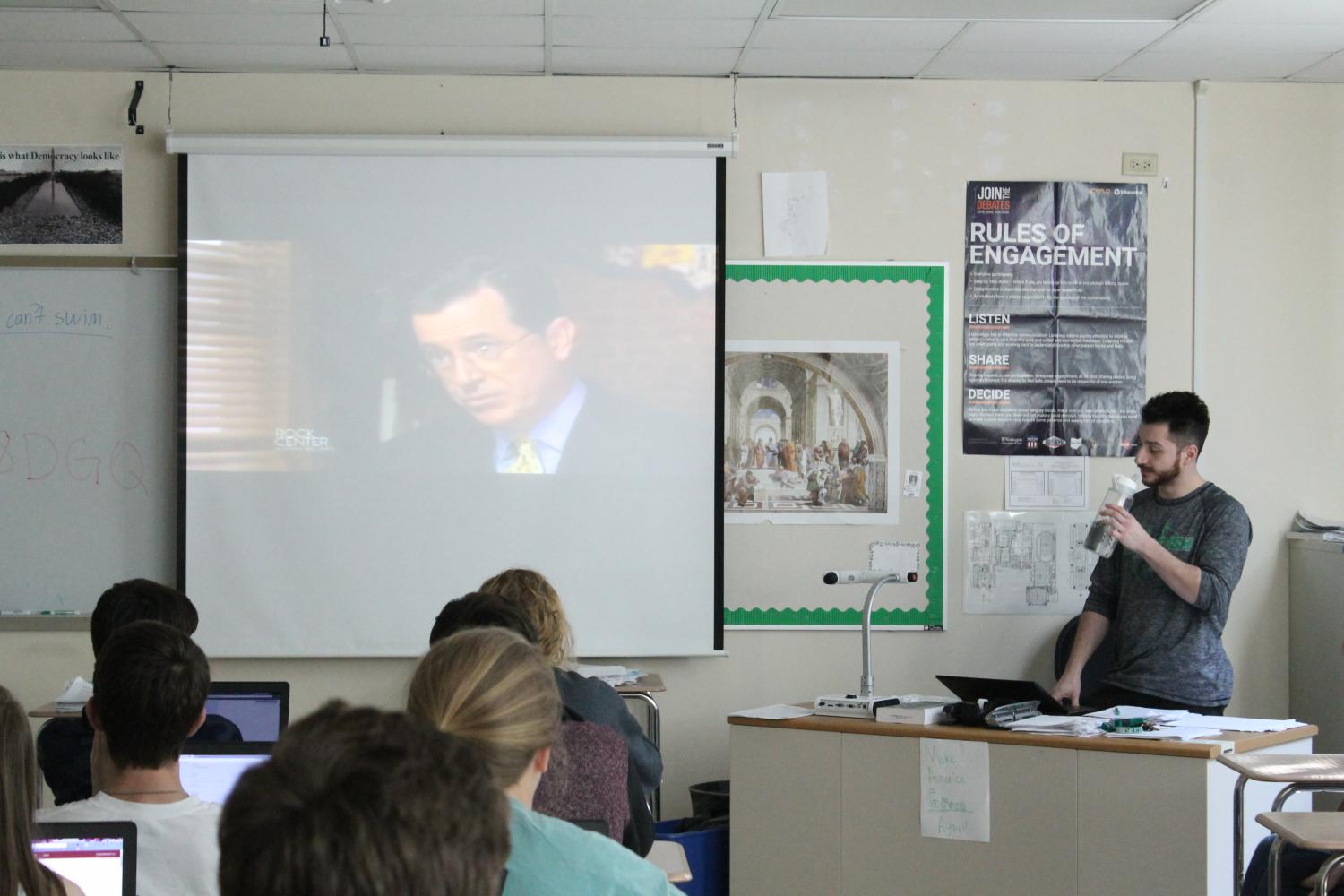 Mr. Greens APUSH class watches a Stephen Colbert clip focusing on campaign finance.