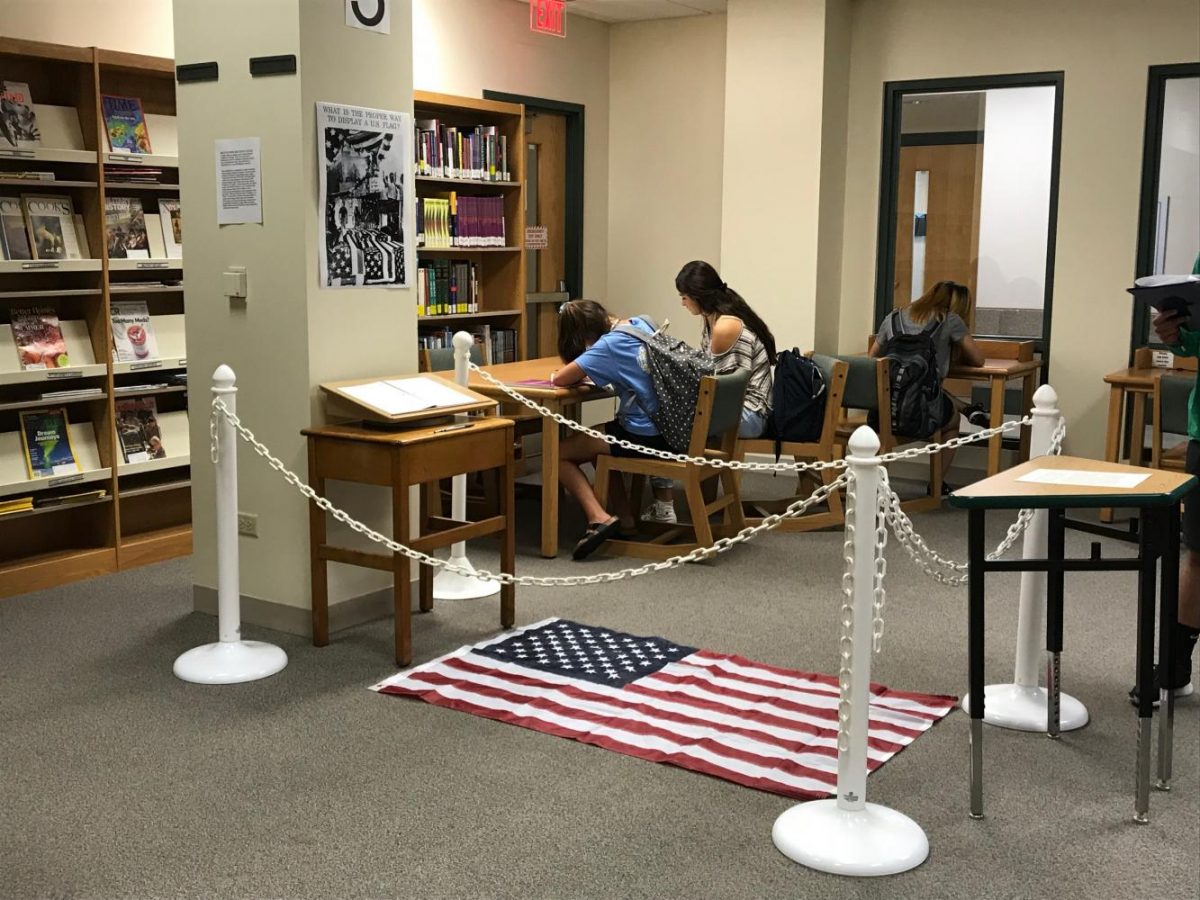 Dread Scotts What is the proper way to display an U.S. Flag? is displayed in the York Learning Commons to have students question if the art piece is protected by the first amendment of the U.S. Constitution.