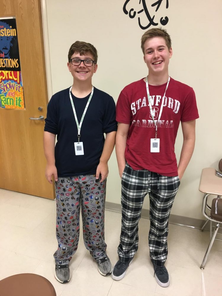 Sophomores Andrew Trenta (left) and Nick Pomatto (right) wear their flannel pajama pants for PJ day on Mon. Sept. 18.