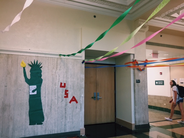 Drama Club decorated the walls of the auditorium hallway with the statue of liberty and USA 