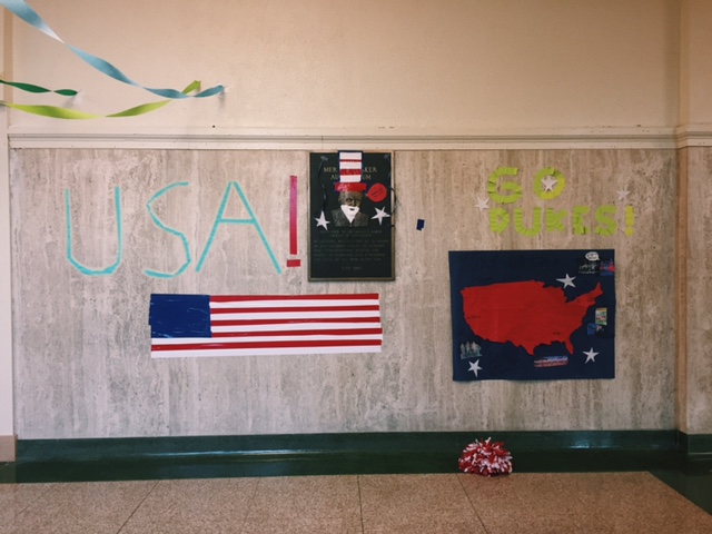 Drama Club covered the walls with lots of USA themed decorations, including a map of the US, showing where all of the productions have taken place.