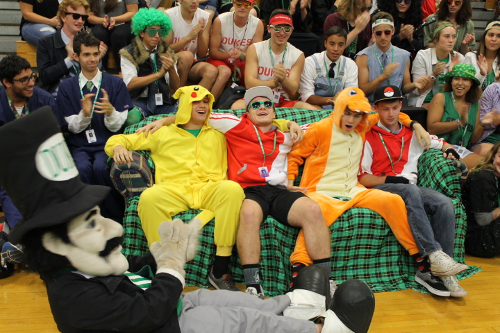 PokéDukes take their first seat on the couch after being announced Kings of the Couch at the Homecoming Pep Rally on Fri., Sept. 22.