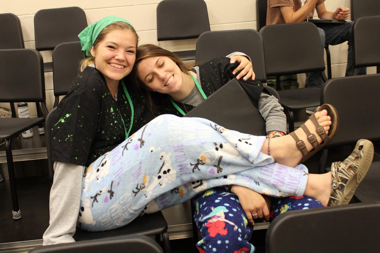 Seniors Danielle Fite and Abbie Lockie wore colorful pajama pants to match their King of the Couch costumes to the days theme. 