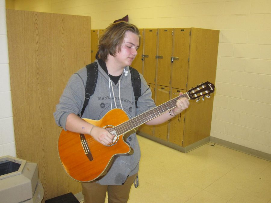 Sophomore Gabe Jentel (member of the Amature Musicians Club) practices during a Thursday after school meeting.