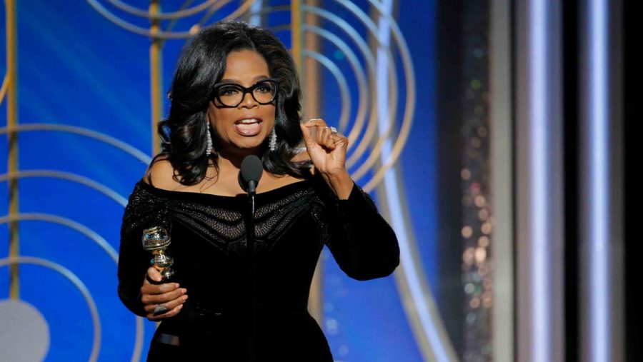 Oprah Winfrey giving her acceptance speech for the Cecil B. DeMille award at the Golden Globes on Jan. 7. 