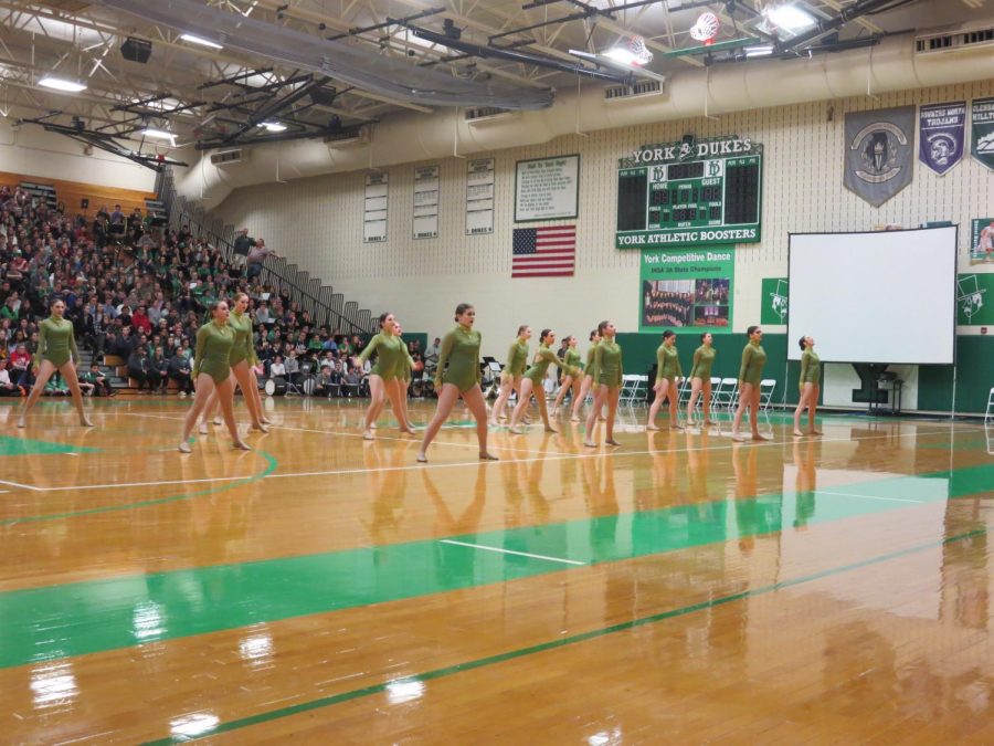 York Poms perform their state championship dance at the pep rally. Feb. 2, 2018.