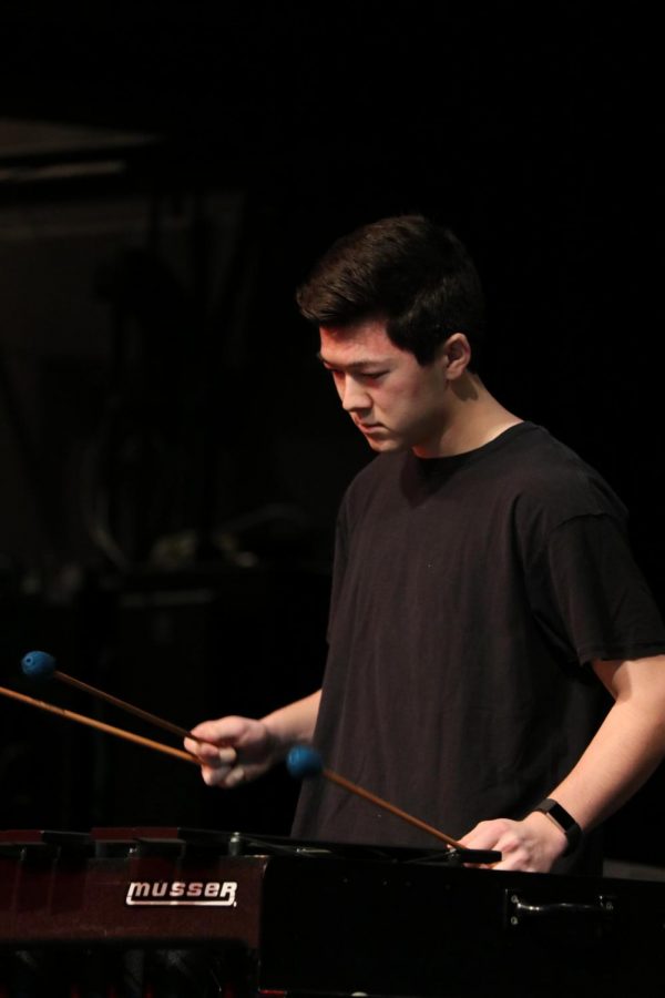 Senior Nate Brown concentrates on his piece during the York percussion concert.