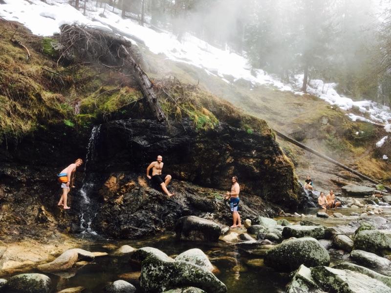 Formans Leadertrek group relax in a hot spring during one of their many ventures around the country.