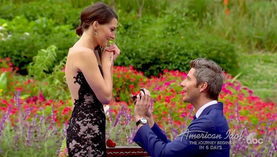 Arie gets down on one knee and chooses Becca to receive his final rose.