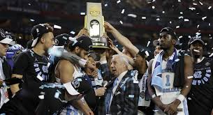 University of North Carolina raising the trophy after an NCAA Tournament championship win over Gonzaga.