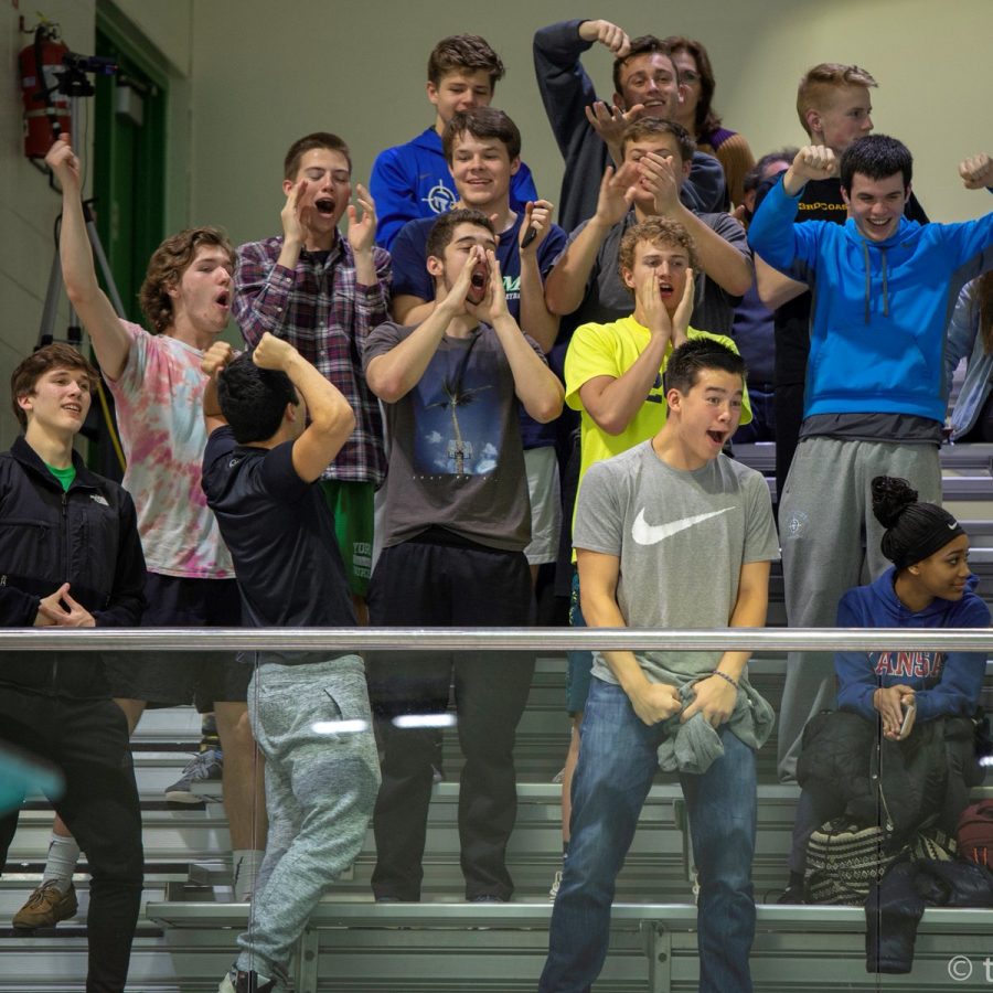 The varsity volleyball team pumping up the crowd at the water polo game. 
