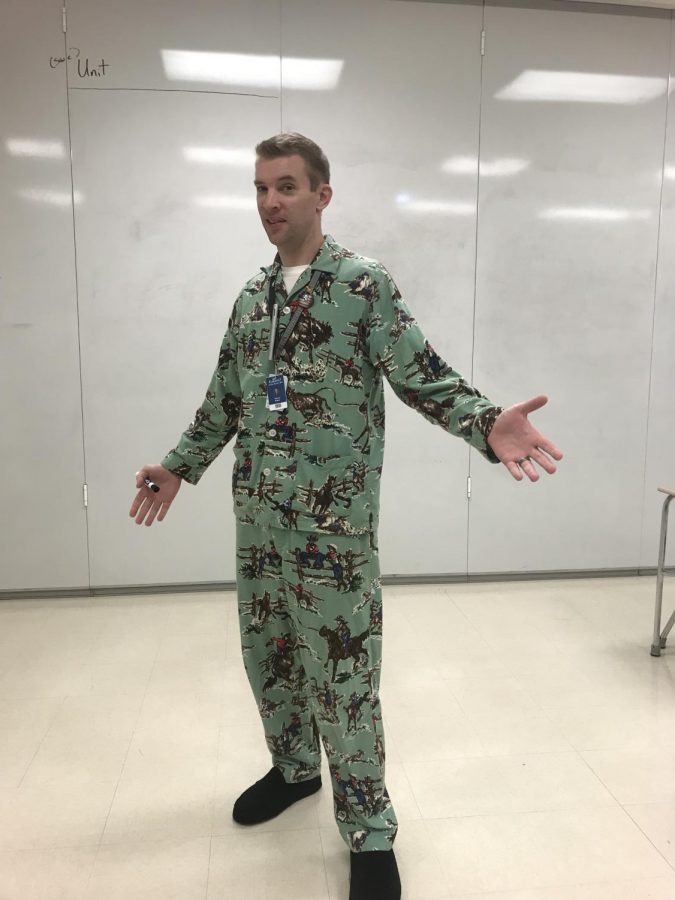 Social studies teacher Tim Albert gets in the spirit of homecoming with his cowboy pajamas. Photo by Ethan Thomas 