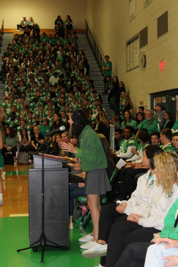 Student body president Mollie Grasse turns the school spirit up a notch during her speech.