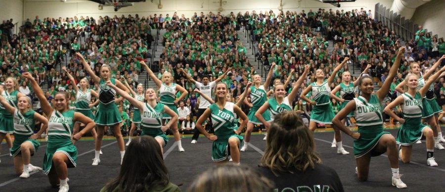 York cheer brings the heat to their routine during the pep rally showcase.  