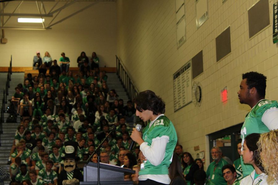 Varsity football team captain Joe Goehl moves the audience with his speech about his love for the team and York.