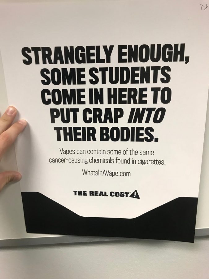 Another poster shows the irony that students chose to put bad chemicals in their body, when they are in the bathroom to dispose of human waste.