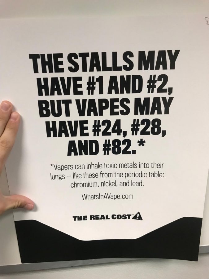 One poster uses the numbers of elements on the periodic table to show the toxic metals that vape allows the user to intake.