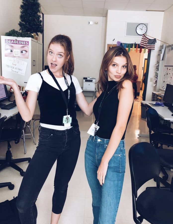 Co-President Grace Moriarty and Public Relation Coordinator Annika Tourlas strike a pose to show off their throwback outfits during Spirit Week. 
