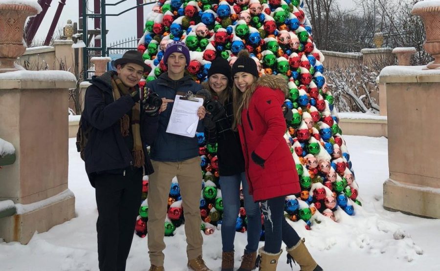 Yorks Journalists (left to right) juniors Graham Reid, Jake Hansmann, Holly Kauck, and senior Gracie Weinstein take on media day at Six Flags Holiday in the Park event. 