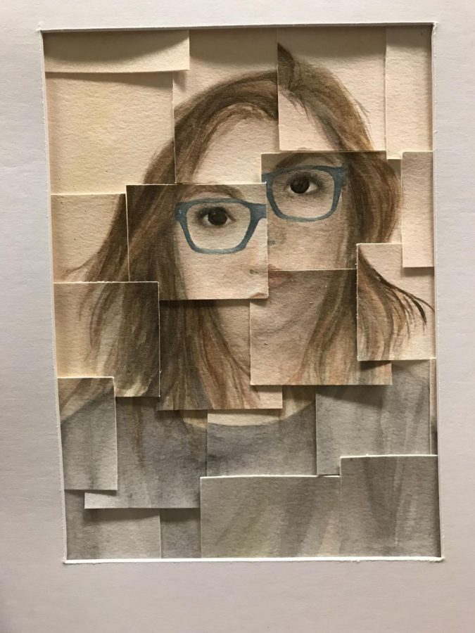 Senior Samantha Uditskys re-constructed water-color self portrait, Frazzled.