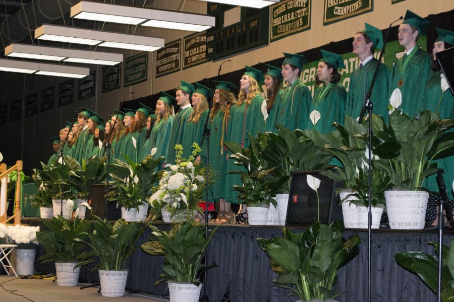 Members of Yorks choir program Holding on  in the class of 2019 perform for their senior class right before diplomas are given out.  The song is sung every year at graduation. May 19, 2019.
