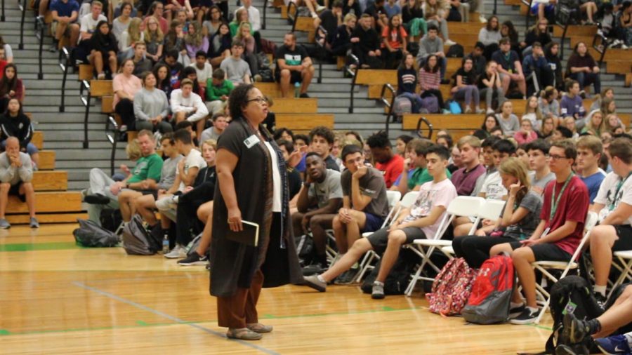 Dr. Julie Lythcot- Haims address the York student body at the assembly last Monday.