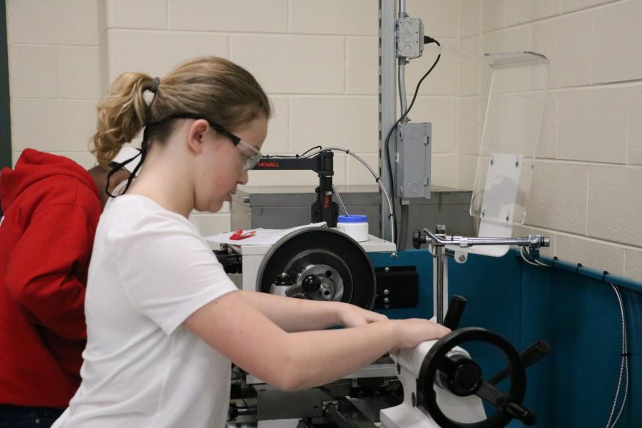 Graduate Sydney Mountcastle works on project in Manufacturing class. With remote learning, students are unable to work in the York Family Consumer Science and Industrial Technology classrooms. Oct. 1, 2019.