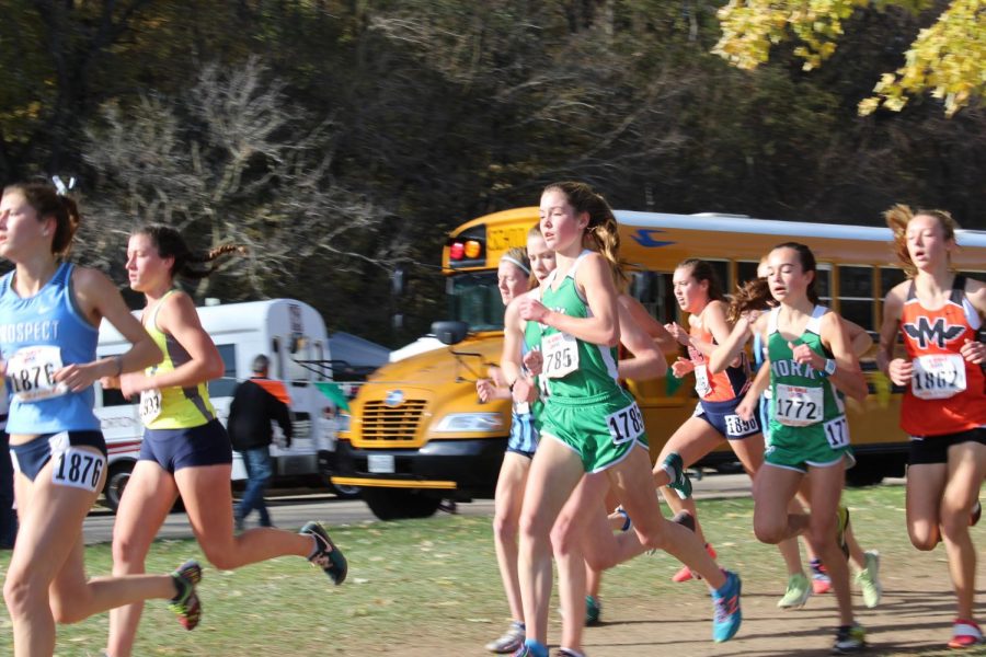 The pack of York runners led by sophomore Katelyn Winton sticks together as they make their way down the home stretch. 