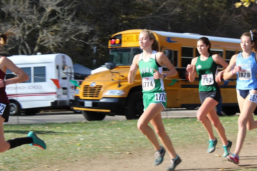 Sophomore Katheleen Buhrfiend races past the crowd at Detweiller Park. November 9, 2019.
