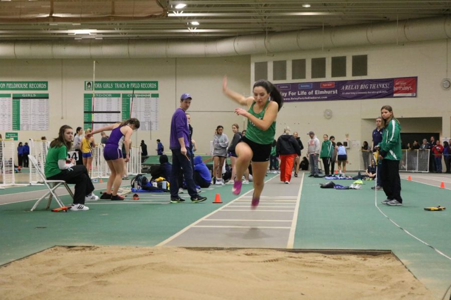 Junior Tessa Spedale jumps a personal record of 9.57m in the triple jump at the York Invite #3.