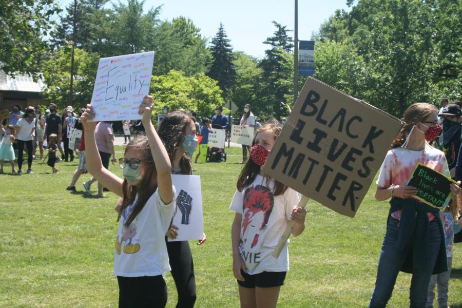 Sandburg students raise up their signs in Wilder Park during speeches from the organizers of the Elmhurst March for Equality. June 13, 2020.