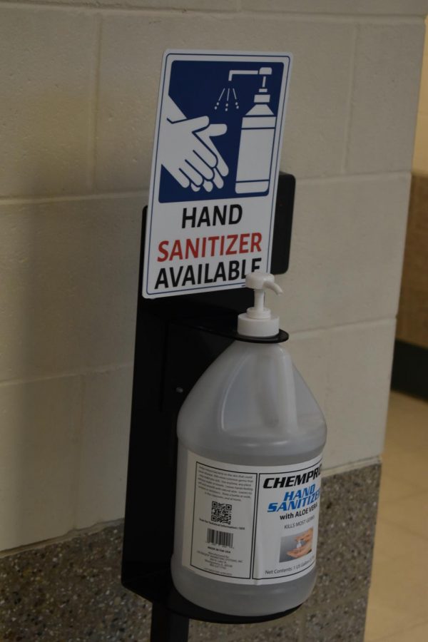 York sophomores join the freshmen for hybrid learning. Hand sanitizer bottles were located throughout York hallways. Sept. 28, 2020.