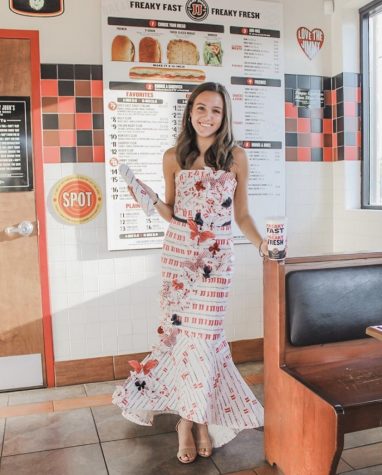 Piper Michalski models her dress in the Jimmy Johns shop that started it all.