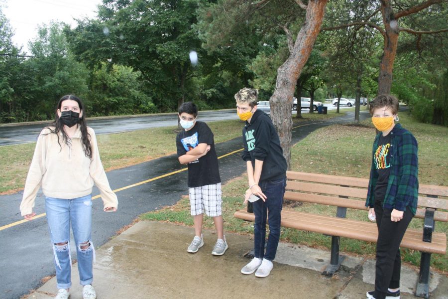 A York drama team led by senior CeCe Lampa gathers in Eldridge Park to distribute Lift with love notecards. The team included junior Jackie Cimino, freshman Giovanni Santoro, junior Owen Espinosa and sophomore Abby Conners. Sept. 10, 2020.