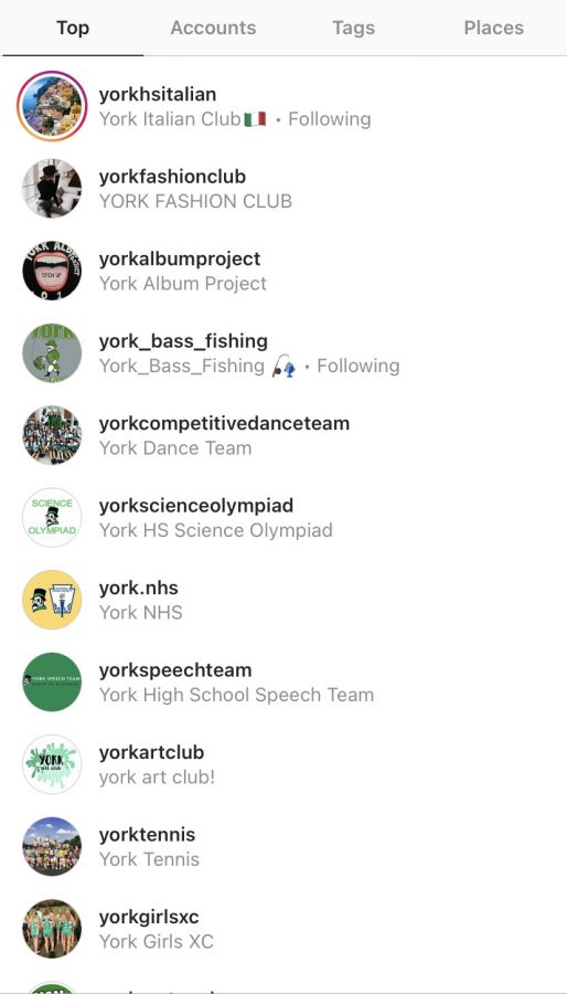 The results of an Instagram search York produce the pages of several York clubs and teams to follow. 