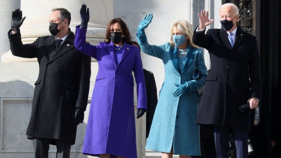 President and Dr.Biden standing with Vice President Kamala Harris and her husband Doug Emhoff on inauguration day 