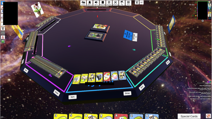 Members of Board Game Club play an online version of "Minecraft Uno" using the "Tabletop Simulator" software. Board Game Club meets weekly and plays a variety of games with each other.