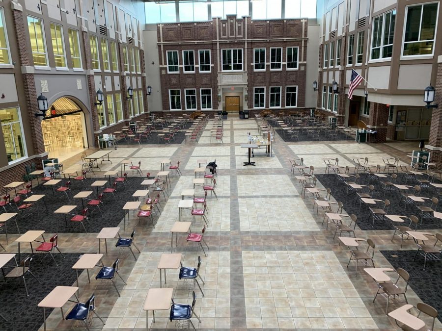 Desks are aligned in multiple rows in the York Commons for lunch periods. Seats are placed facing one direction and are socially distant from each other. "I’m a little worried because I know that lunch will be a little awkward," senior Evan Frank said. "Even though you’re not fitting all 2000 kids in at the same time, you’re still gonna have a lot of kids in that lunchroom. You can’t wear masks, you can’t distance very well, so that’ll be rough.”

